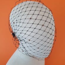 Load image into Gallery viewer, Abby Black birdcage Veil/Voilette with Bronze studs  Martine Henry Millinery
