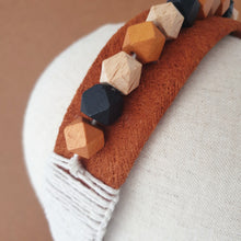 Load image into Gallery viewer, Geometric wood bead and African bark cloth headband by Martine Henry Millinery
