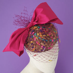 Fabiola Multicolour Straw and Silk Fascinator with veil for wedding and the races 