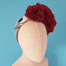 Load image into Gallery viewer, handmade flower crown with red carnations black and white cotton
