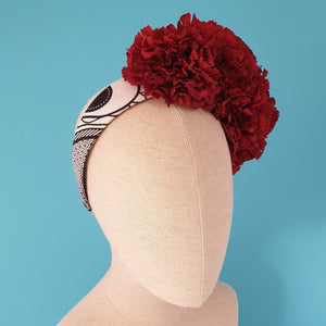 handmade flower crown with red carnations black and white cotton